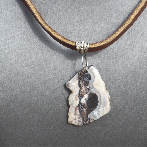 Conceptual Subculture Jewelry - Black White Agate Free Form Leather Necklace Boho